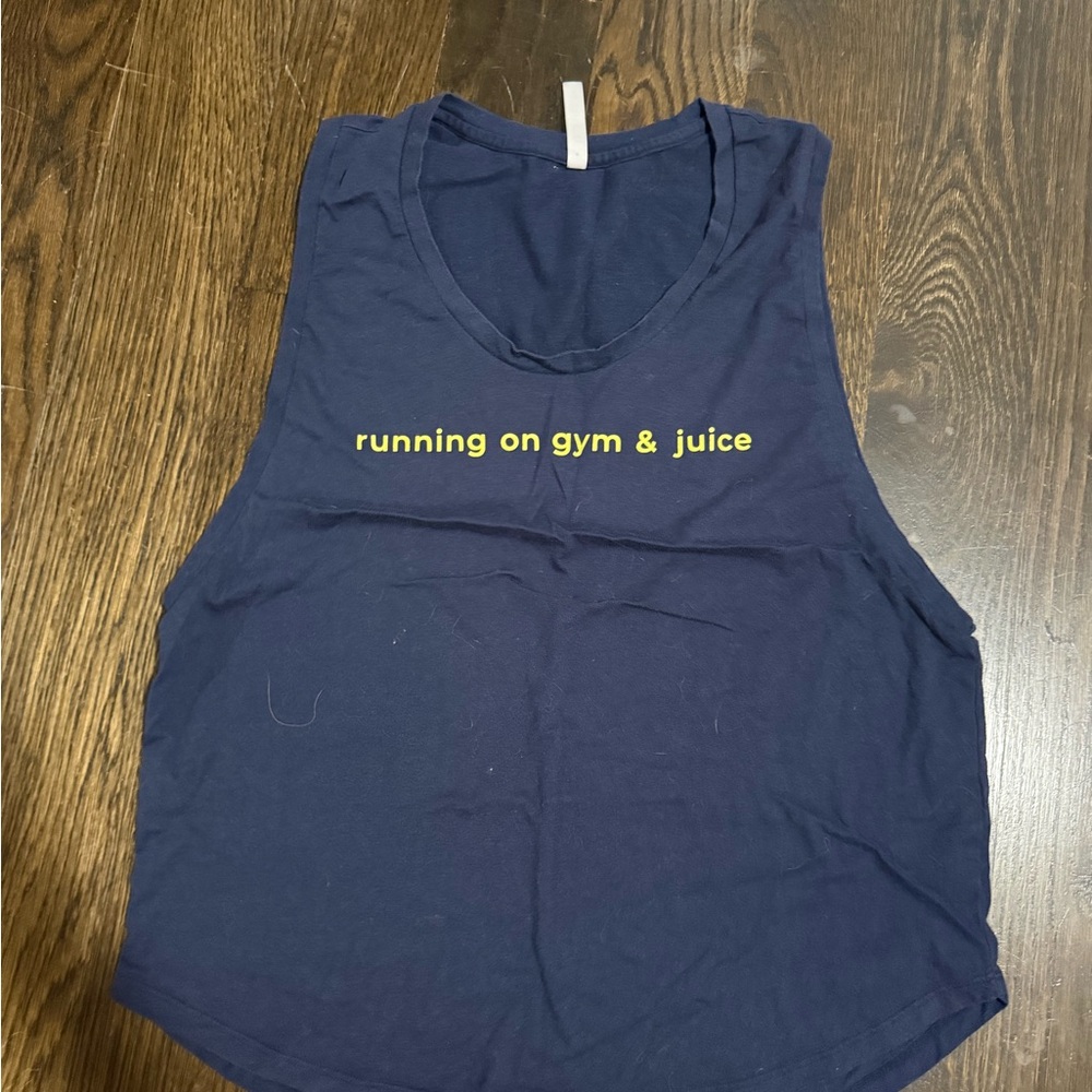 Fabletics Navy Tank with Yellow 'running on gym & juice' Text